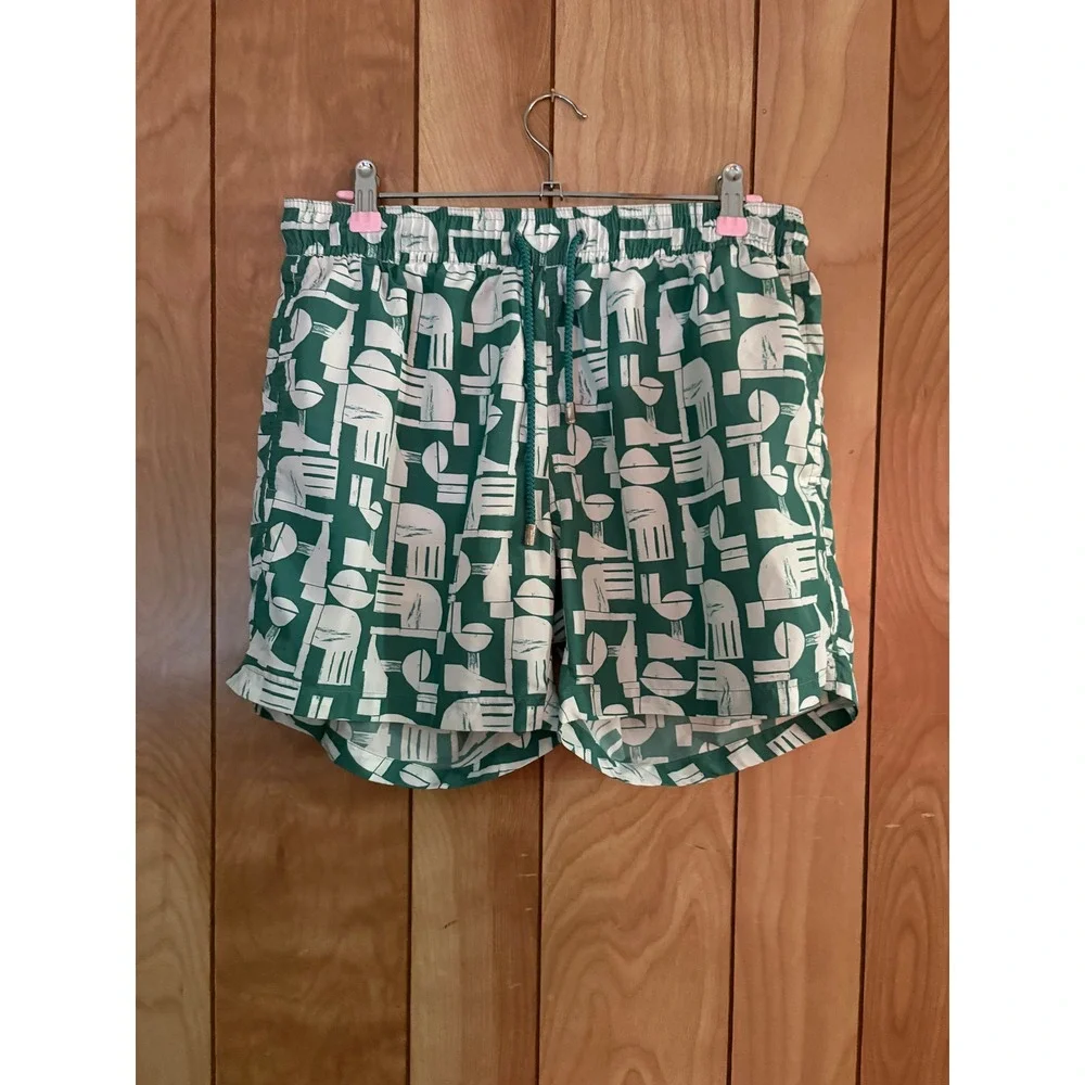 Bluemint Logan Mens Swim Shorts Green White Geometric Abstract Print Size‎ L